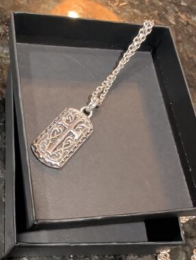 Sterling Silver Filigree Cross Dog Tag Pendant Necklace - Women Jewelry